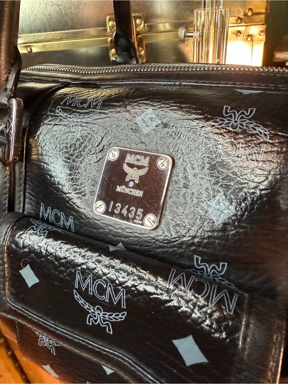 MCM Black Monogram Satchel Boston with Green-Silver-Orange MCM Charm